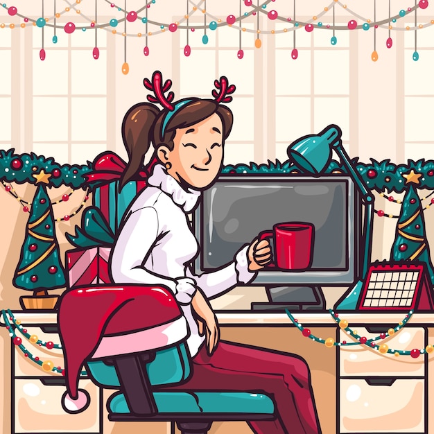 Бесплатное векторное изображение Нарисованная рукой иллюстрация рождественского офиса