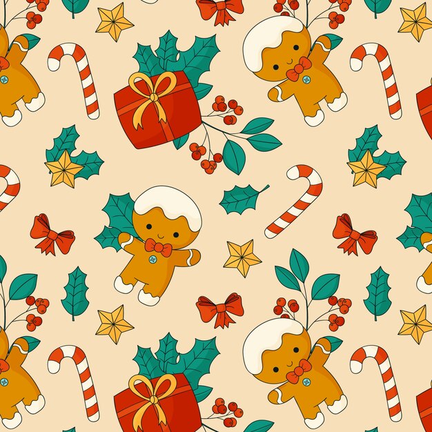 Hand drawn christmas pattern design with gingerbread man