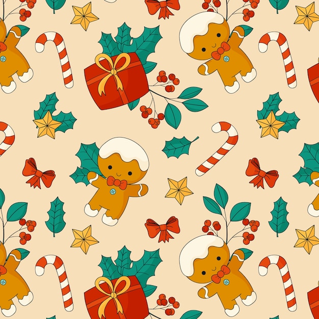 Hand drawn christmas pattern design with gingerbread man