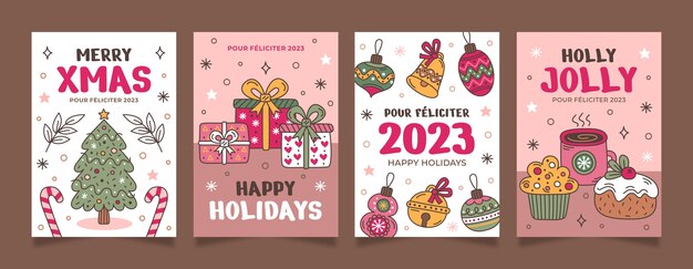 Бесплатное векторное изображение Коллекция рисованной рождественской открытки 2023 года