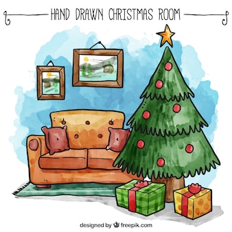 Hand drawn christmas room interior | Free Vector
