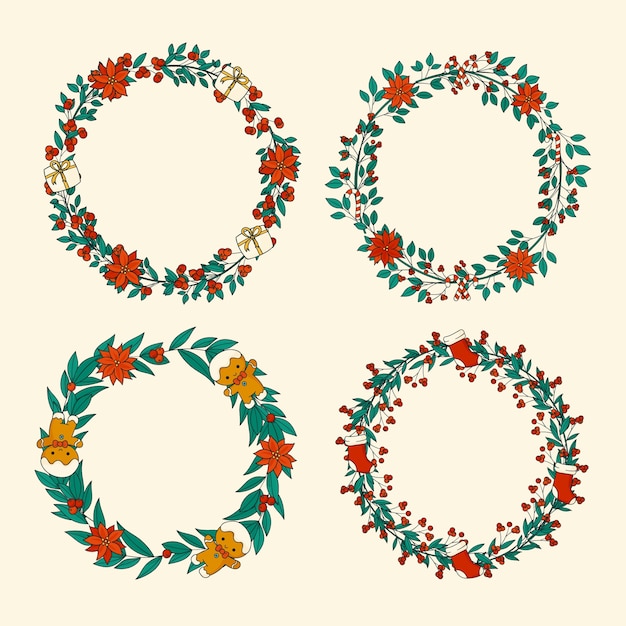 Hand drawn christmas round frame template with leaves