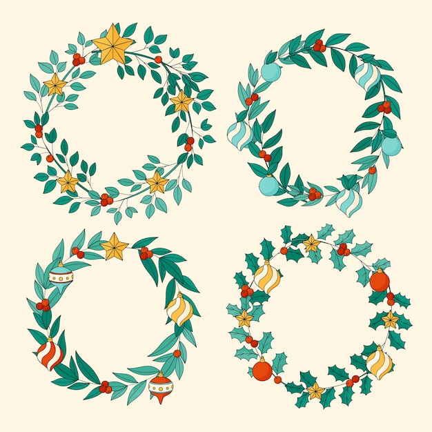 Бесплатное векторное изображение Нарисованный рукой шаблон круглой рождественской рамки с листьями