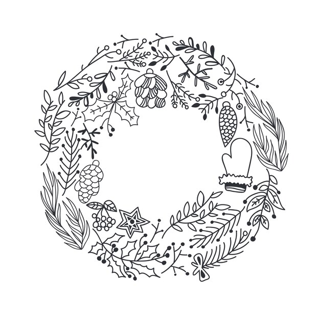 Ручной обращается рождественский круглый венок с ветвями деревьев, ягода падуба, шишки, звезда и иллюстрация варежки