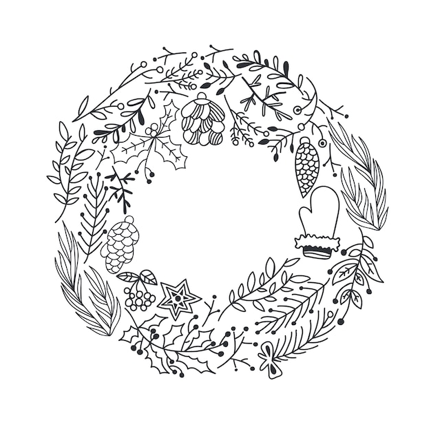 Hand drawn Christmas round wreath with tree branches holly berry cones star and mitten illustration