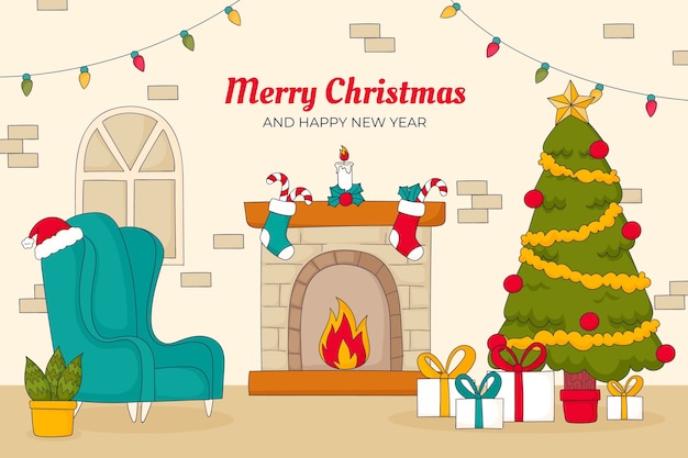 Hand drawn christmas season background with tree and fireplace