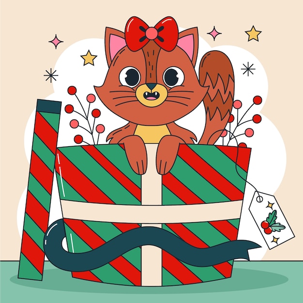 만화 고양이와 함께 손으로 그린 크리스마스 시즌 그림