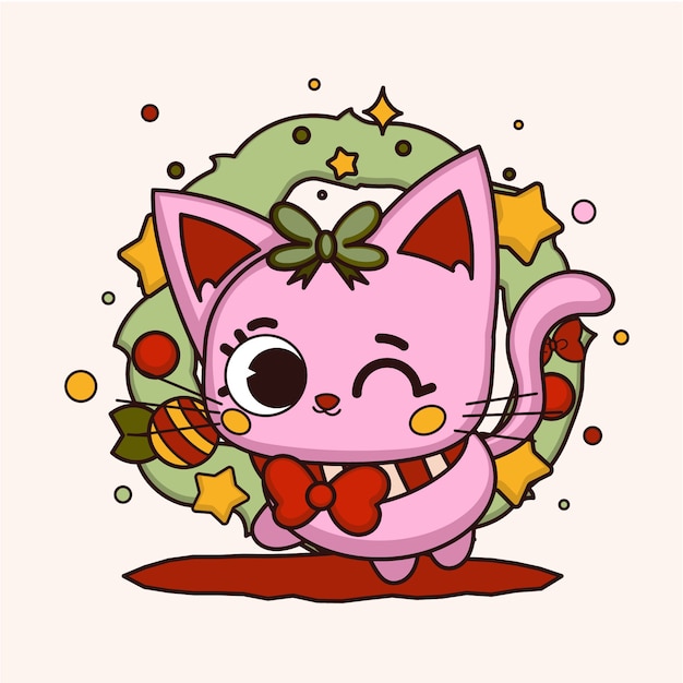 無料ベクター 漫画の猫と手描きのクリスマス シーズンのイラスト