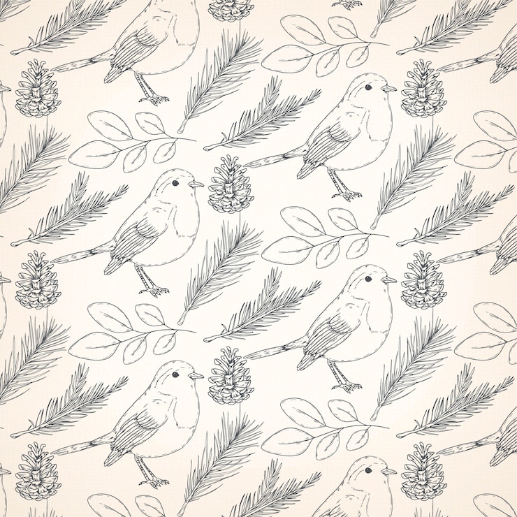 Free Vector hand drawn christmas season pattern design with bird and leaves