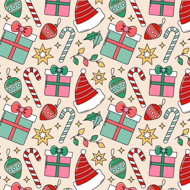 無料ベクター キャンディケインとサンタ帽子を使った手描きのクリスマスシーズンのパターンデザイン