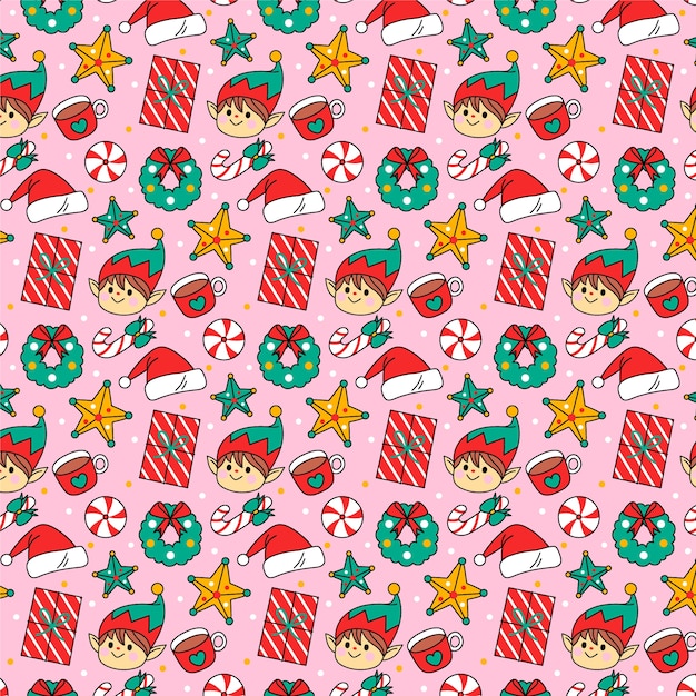 Hand drawn christmas season pattern design with presents and elves