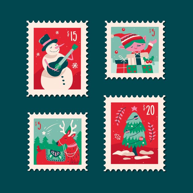 Vettore gratuito collezione di francobolli di natale disegnati a mano