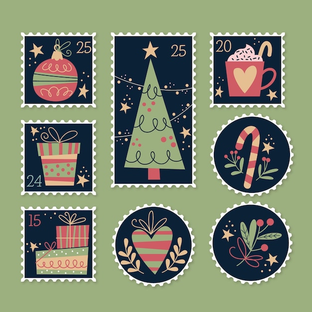 Free vector hand drawn christmas stamp collection