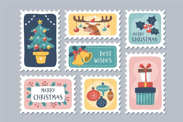 Бесплатное векторное изображение Коллекция рисованной рождественских марок