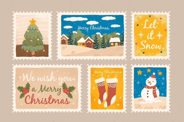無料ベクター 手描きのクリスマス切手コレクション