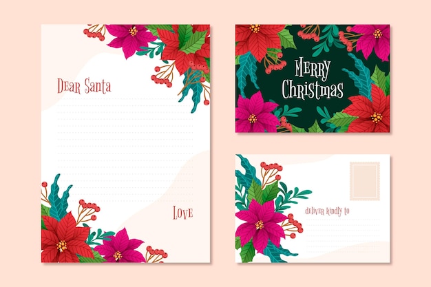 Бесплатное векторное изображение Ручной обращается рождественский шаблон канцелярских товаров с цветами