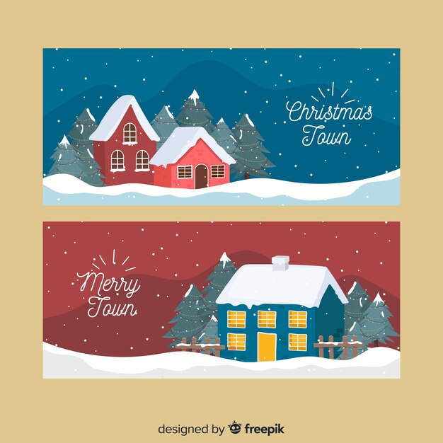 Hand drawn christmas town banner set