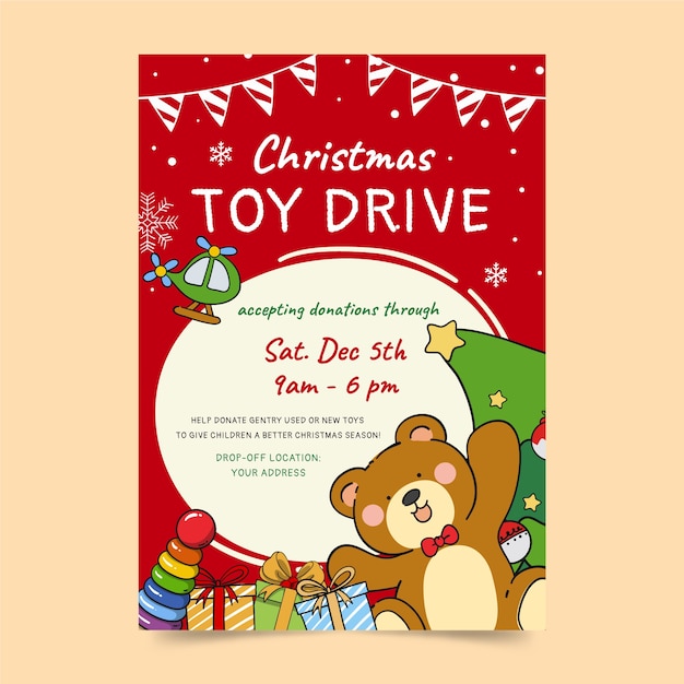 Free vector hand drawn christmas toy drive vertical poster template