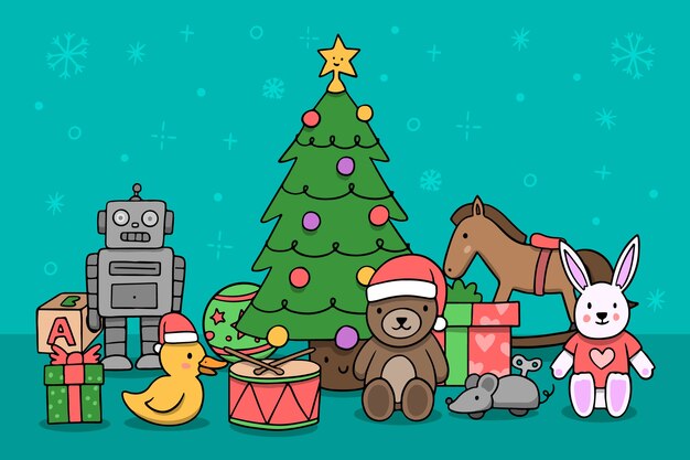 Hand drawn christmas toys background