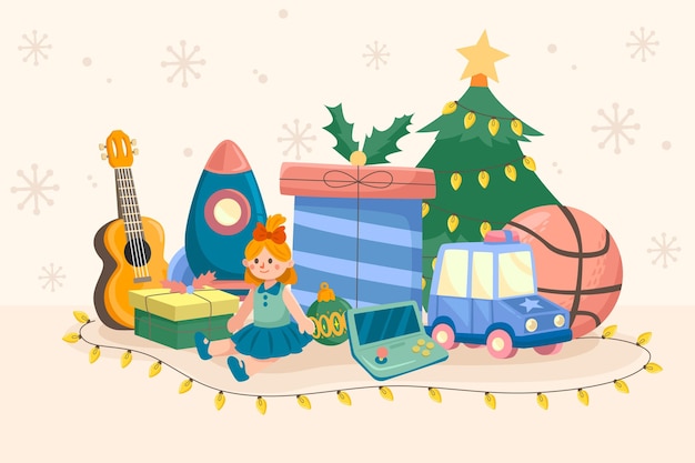 Hand drawn christmas toys background