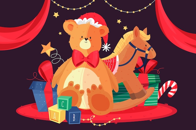 Hand drawn christmas toys background