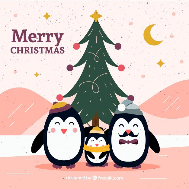 Рисованная рождественская елка и пингвины