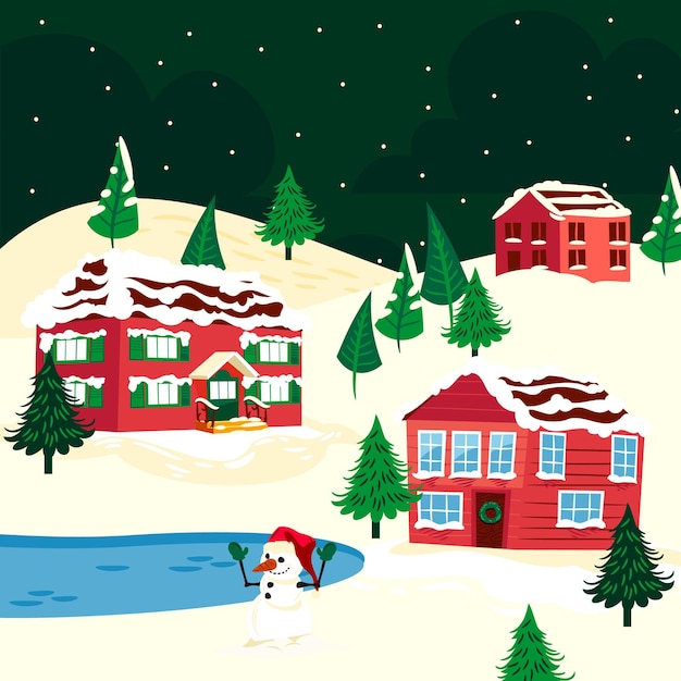 無料ベクター 手描きのクリスマス村のイラスト