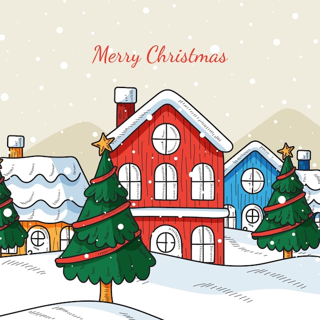 Бесплатное векторное изображение Нарисованная рукой иллюстрация рождественской деревни