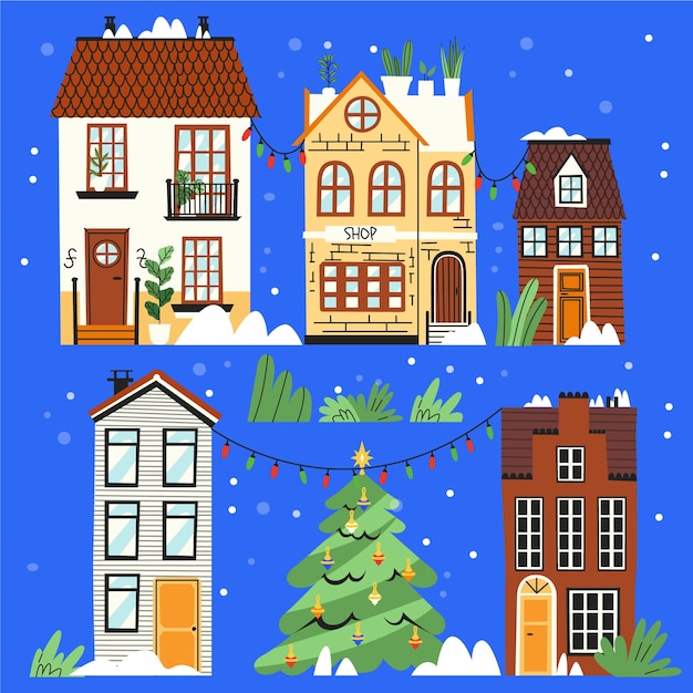 Free vector hand drawn christmas village illustration