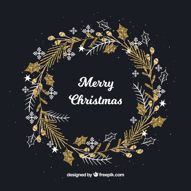 Hand drawn christmas wreath gold background