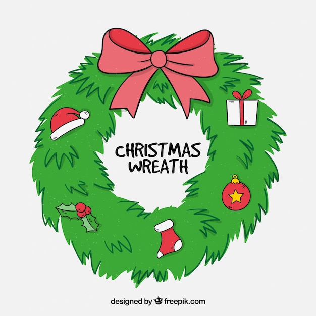 Hand drawn christmas wreath with a pink bow