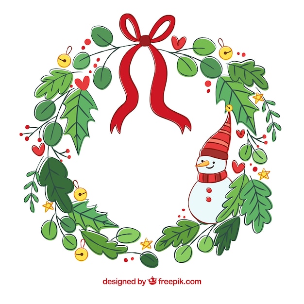 Hand drawn christmas wreath with a snowman