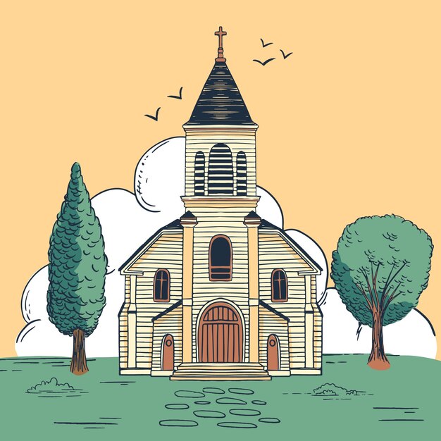 Hand drawn church building illustration
