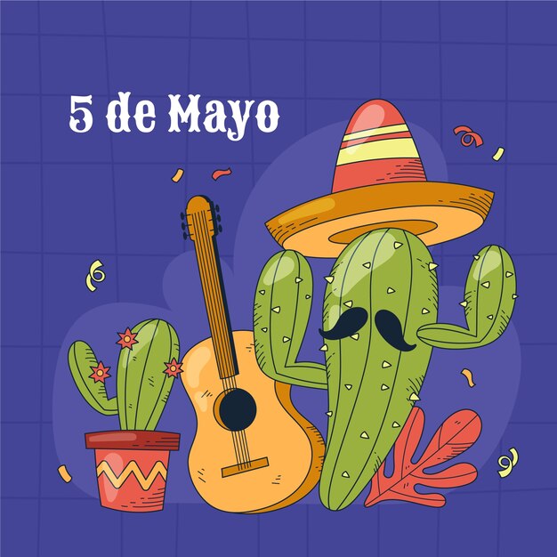 Hand drawn cinco de mayo illustration with guitar and cactus