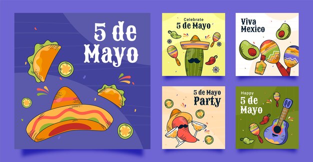 Бесплатное векторное изображение Нарисованная рукой коллекция сообщений instagram cinco de mayo