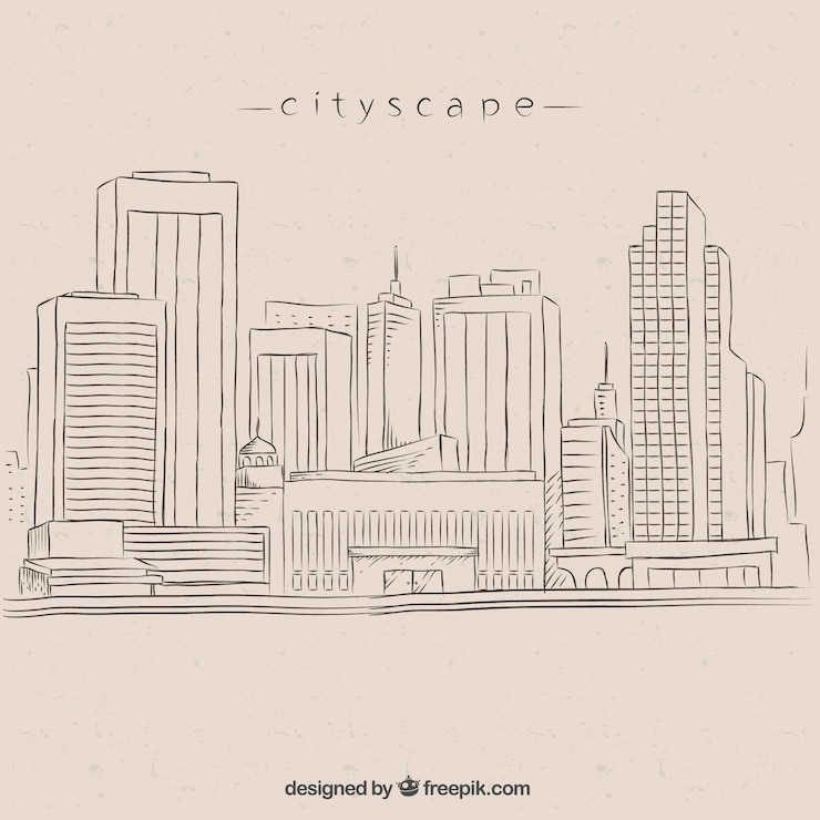 Free Vector hand drawn city background with high rises