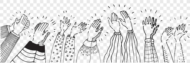 Hand drawn clapping human hands doodle set. collection pencil chalk drawing sketches men women raising arms making applause isolated