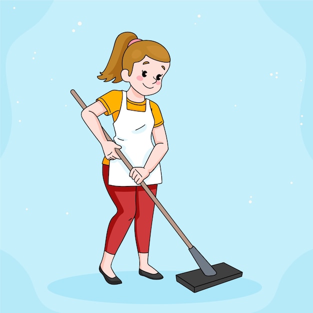 Hand drawn cleaning person cartoon illustration