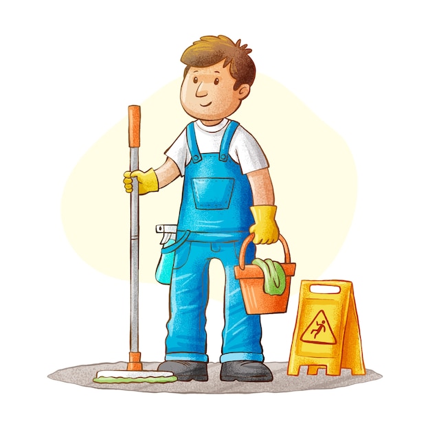 Hand drawn cleaning person cartoon illustration