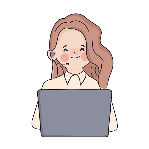 Hand drawn clip art woman in customer service call center job office worker character