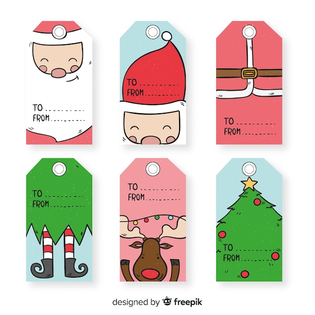 Hand drawn close up characters christmas labels