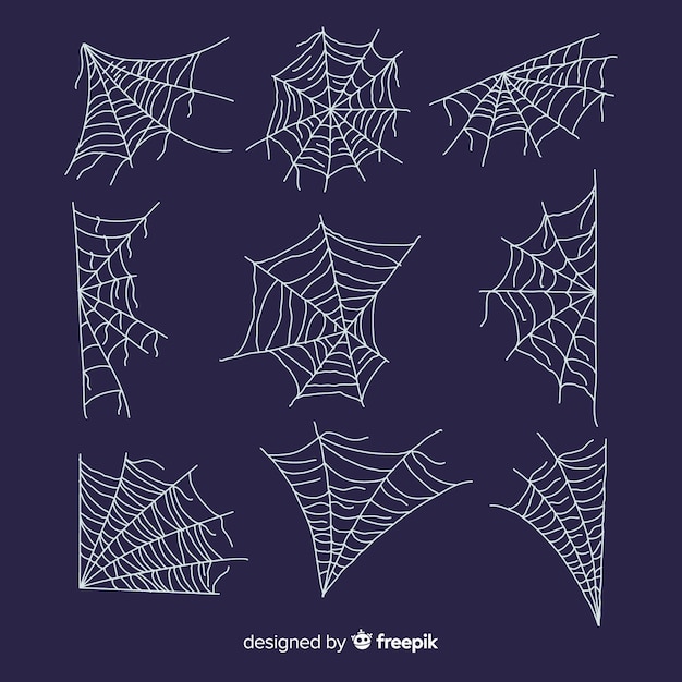 Hand drawn cobweb collection on blue background