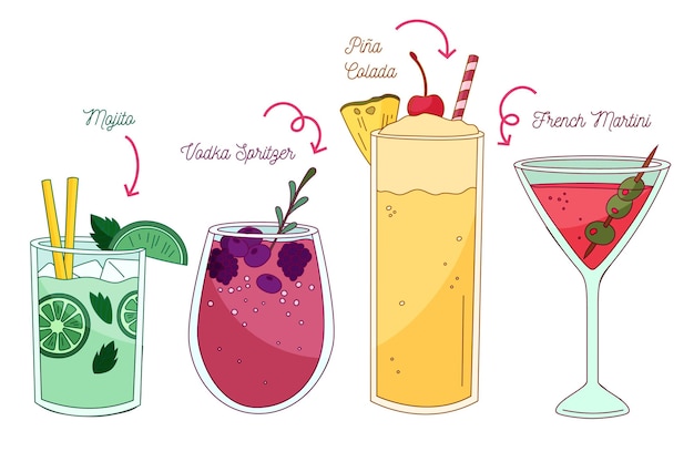 Vettore gratuito collezione di cocktail disegnati a mano