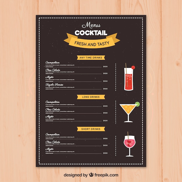 Vettore gratuito modello di menu cocktail disegnato a mano