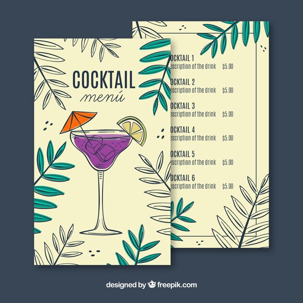Шаблон меню коктейля с ручным рисунком