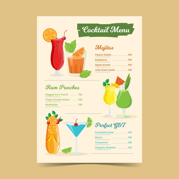 Free vector hand drawn cocktail menu template