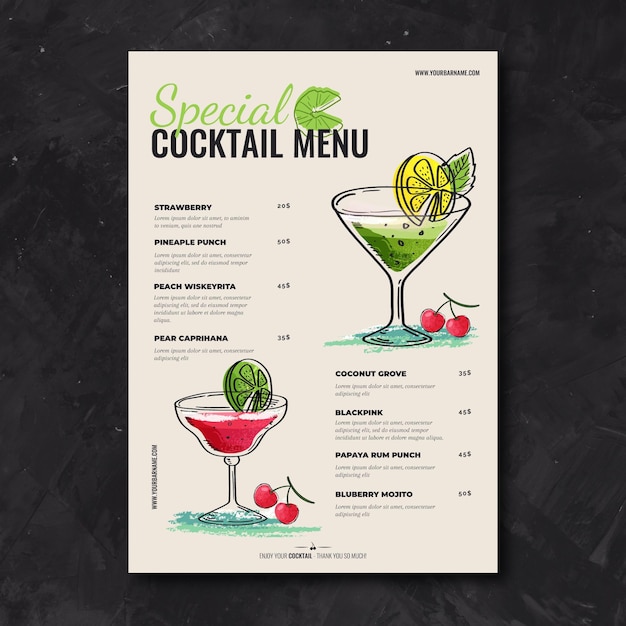 Vettore gratuito modello di menu cocktail disegnati a mano