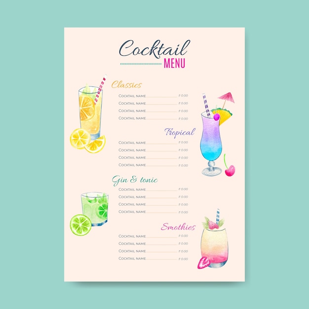 Modello di menu cocktail disegnati a mano