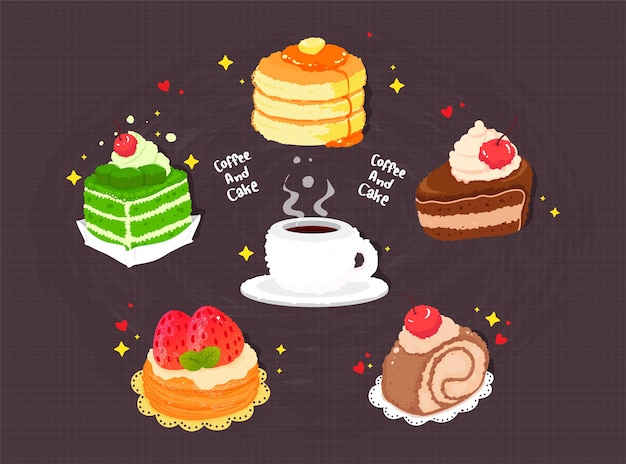 Hand drawn coffee and cake cartoon art illustration