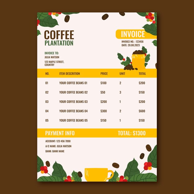 Free vector hand drawn coffee plantation invoice